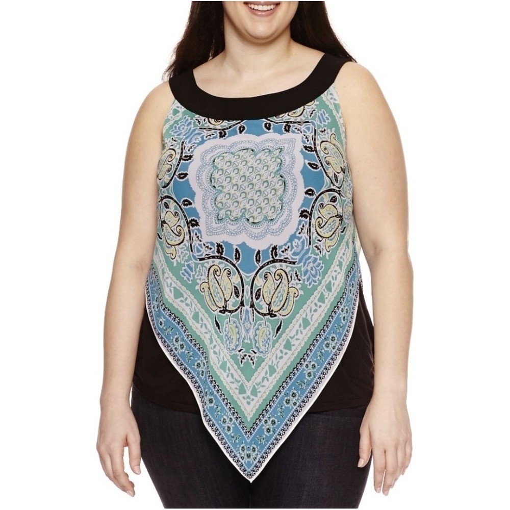 AGB Womens‎ Black Sleeveless Tank Top Scarf Print Handkerchief Hem XL
